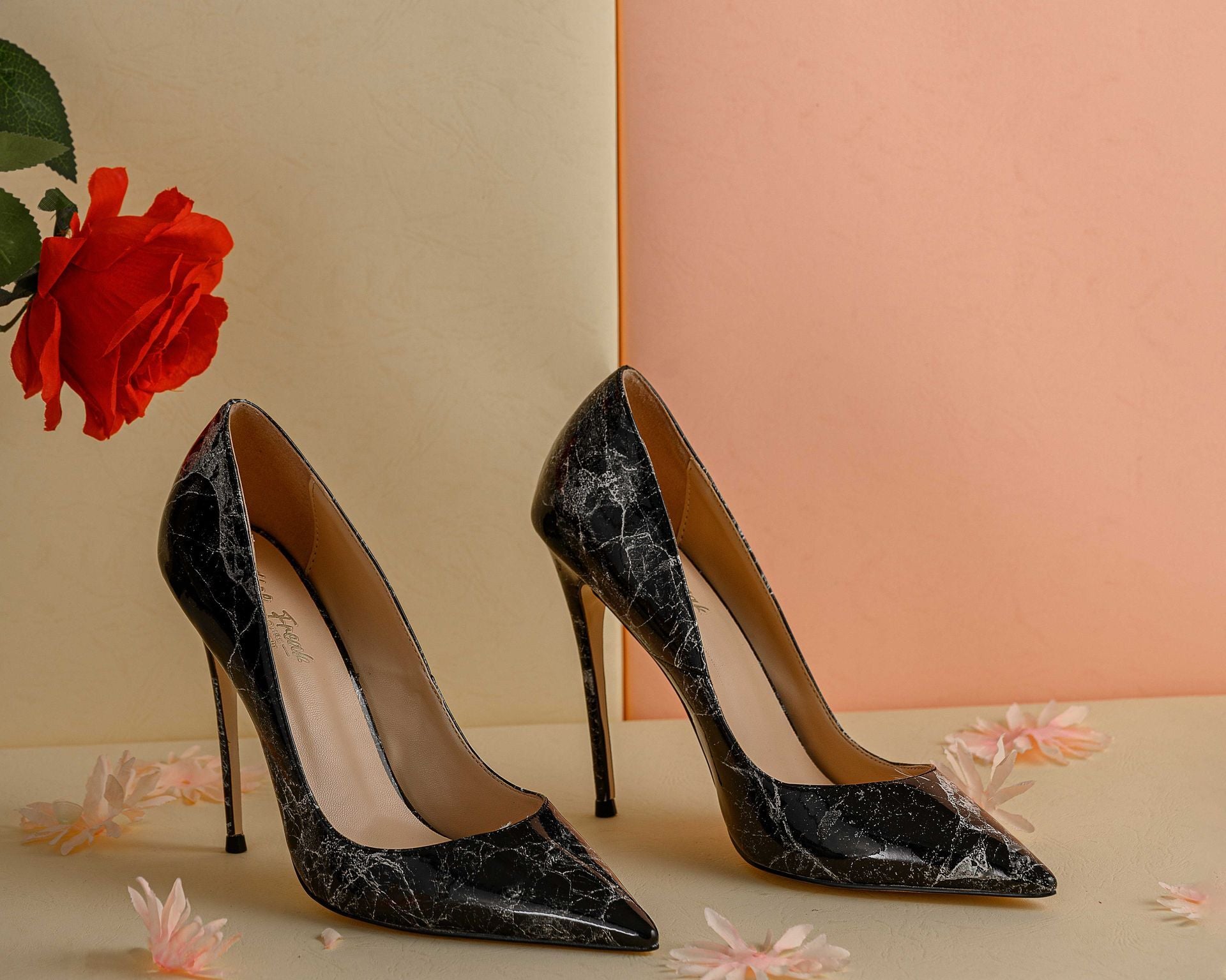 Black Marble Patina Leather Pointy Toe Pumps