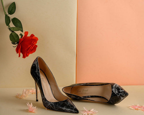 Black Marble Patina Leather Pointy Toe Pumps